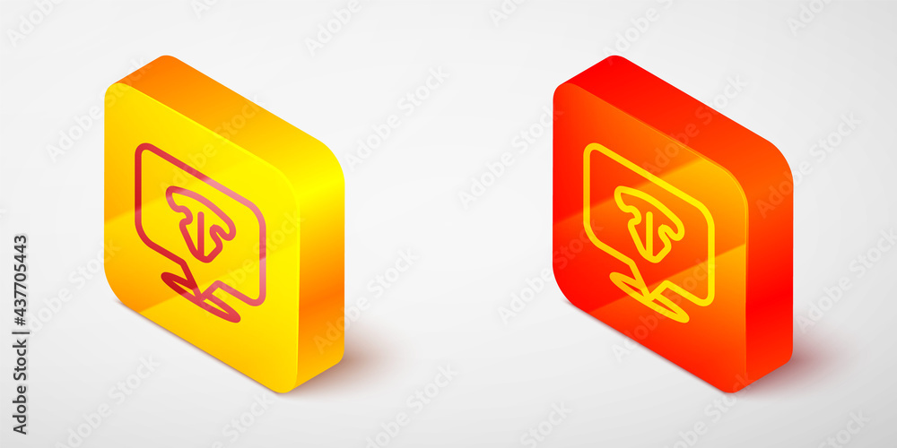 Isometric line Cat nose icon isolated on grey background. Yellow and orange square button. Vector Isometric line Cat nose icon isolated on grey background. Yellow and orange square button. Vector