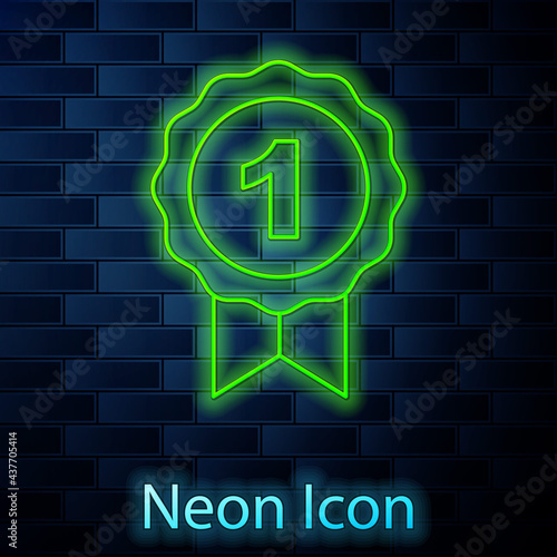 Glowing neon line Dog award symbol icon isolated on brick wall background. Medal with dog footprint as pets exhibition winner concept. Vector