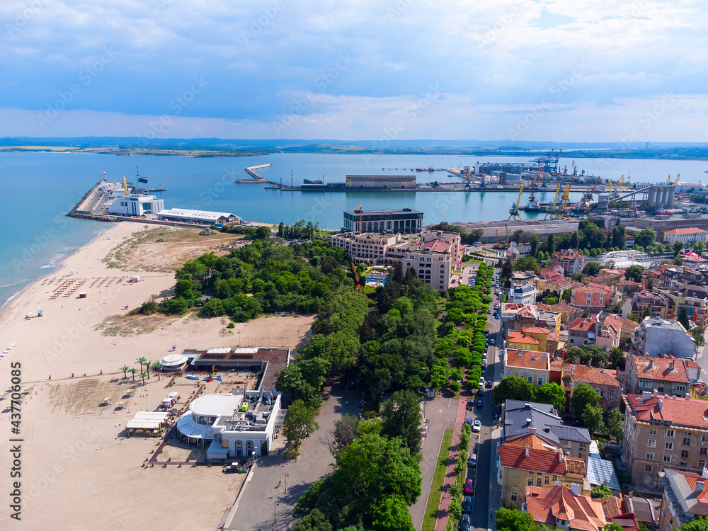 Aerial view of city of Burgas, View of Burgas Bay and the seaport of Burgas, Bulgaria
