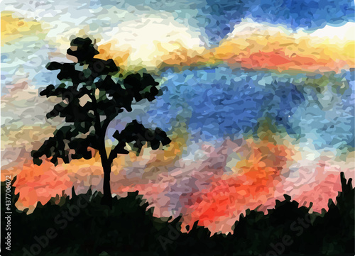 Small Tree with Clouds and Sunset Watercolor Painting