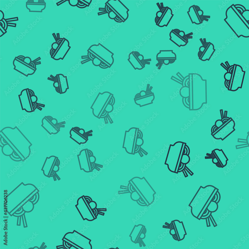Black line Asian noodles in bowl and chopsticks icon isolated seamless pattern on green background. Street fast food. Korean, Japanese, Chinese food. Vector Black line Asian noodles in bowl and chopsticks icon isolated seamless pattern on green background. Street fast food. Korean, Japanese, Chinese food. Vector