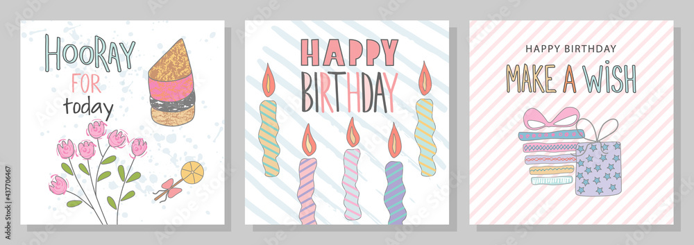 A set of birthday greeting cards and party invitation templates with gifts, cake, candles.Vector illustration A set of birthday greeting cards and party invitation templates with gifts, cake, candles.Vector illustration