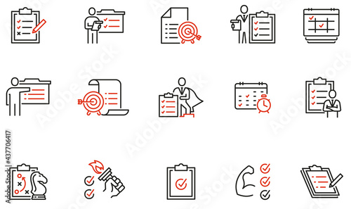 Vector Set of Linear Icons Related to checklist, motivation, training. Striving to achieve success and the set goal. Mono Line Pictograms and Infographics Design Elements