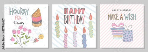 A set of birthday greeting cards and party invitation templates with gifts, cake, candles.Vector illustration