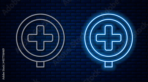 Glowing neon line Hospital road traffic icon isolated on brick wall background. Traffic rules and safe driving. Vector