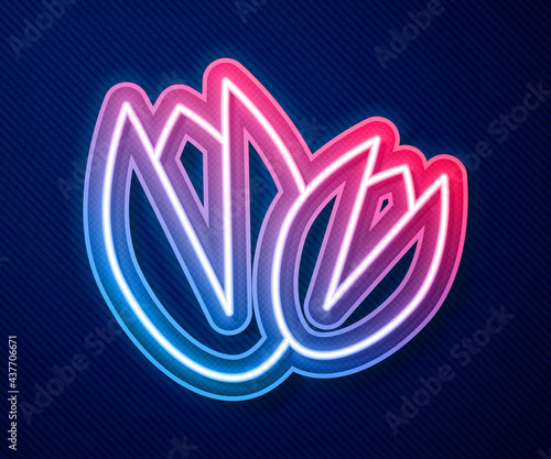 Glowing neon line Pistachio nuts icon isolated on blue background. Vector