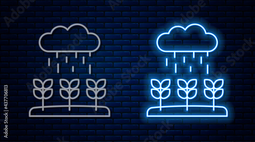 Glowing neon line Plant sprouts grow in the rain icon isolated on brick wall background. Seedling concept. Vector