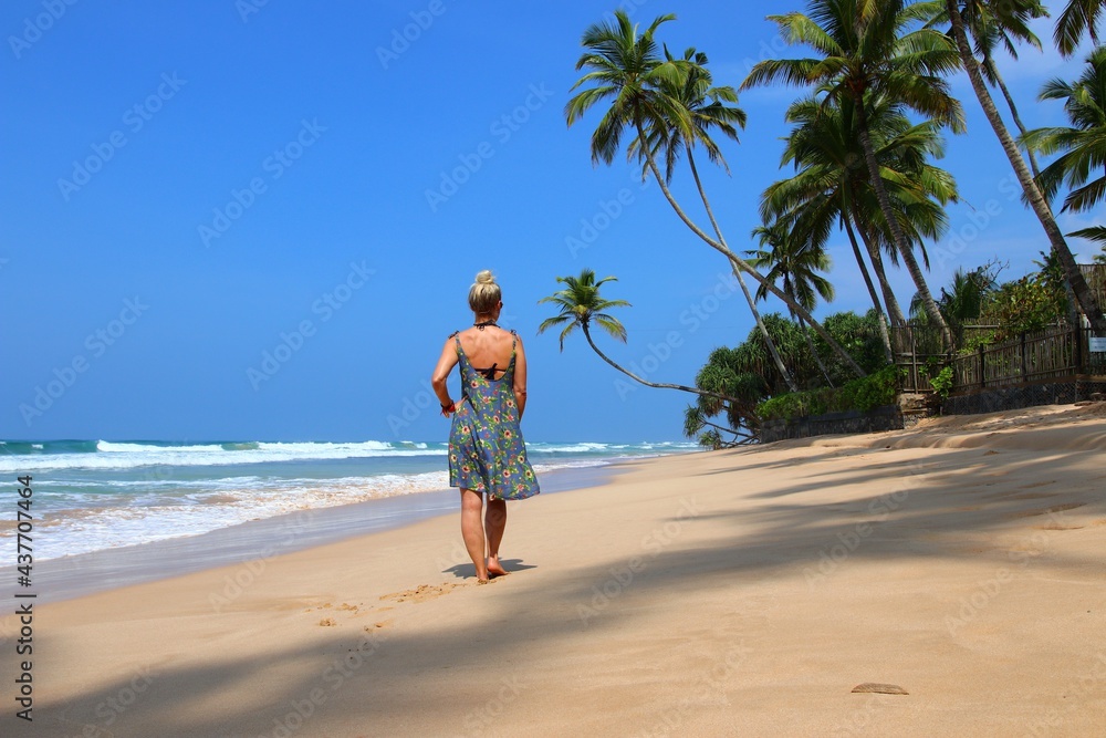 pretty girl on a dream beach with palm trees - Sri Lanka, Asia
