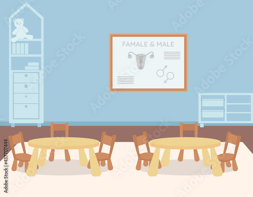 Kindergarten classroom for biology lesson flat color vector illustration. Sex education for children. Tables and chairs for kids. Preschool 2D cartoon interior with information board on background