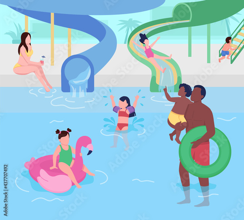 Water park for kids flat color vector illustration. Family entertainment. Attraction for children and parents. Aqua park 2D cartoon characters with tubes and slides for fun on background