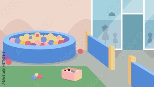 Playzone flat color vector illustration. Playroom for children in supermarket. Zone for kids near shops. Shopping mall playground 2D cartoon characters with poll with plastic balls on background