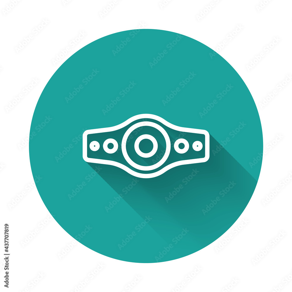 White line Wrestling championship belt icon isolated with long shadow background. Green circle button. Vector