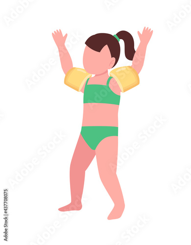 Girl with arm floaties semi flat color vector character. Child figure. Full body person on white. Water park fun isolated modern cartoon style illustration for graphic design and animation