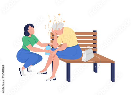Young girl helping pensioner semi flat color vector characters. Adult figures. Full body people on white. Extreme heat isolated modern cartoon style illustration for graphic design and animation