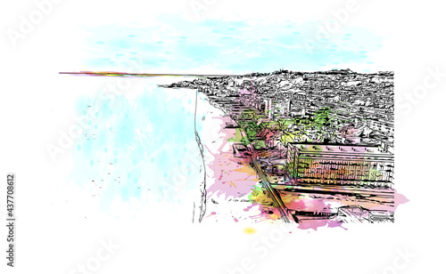 Building view with landmark of Fuengirola is the 
town in Spain. Watercolor splash with hand drawn sketch illustration in vector.