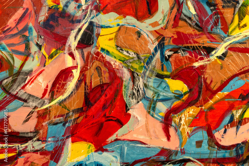 Abstract painting fragment with vibrant colors  strong shapes and brushstrokes textures. Artistic unique painting.