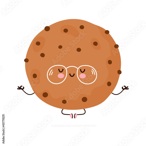 Cute funny Cookie meditate in yoga pose. Vector hand drawn cartoon kawaii character illustration icon. Isolated on white background. Cookie meditate concept