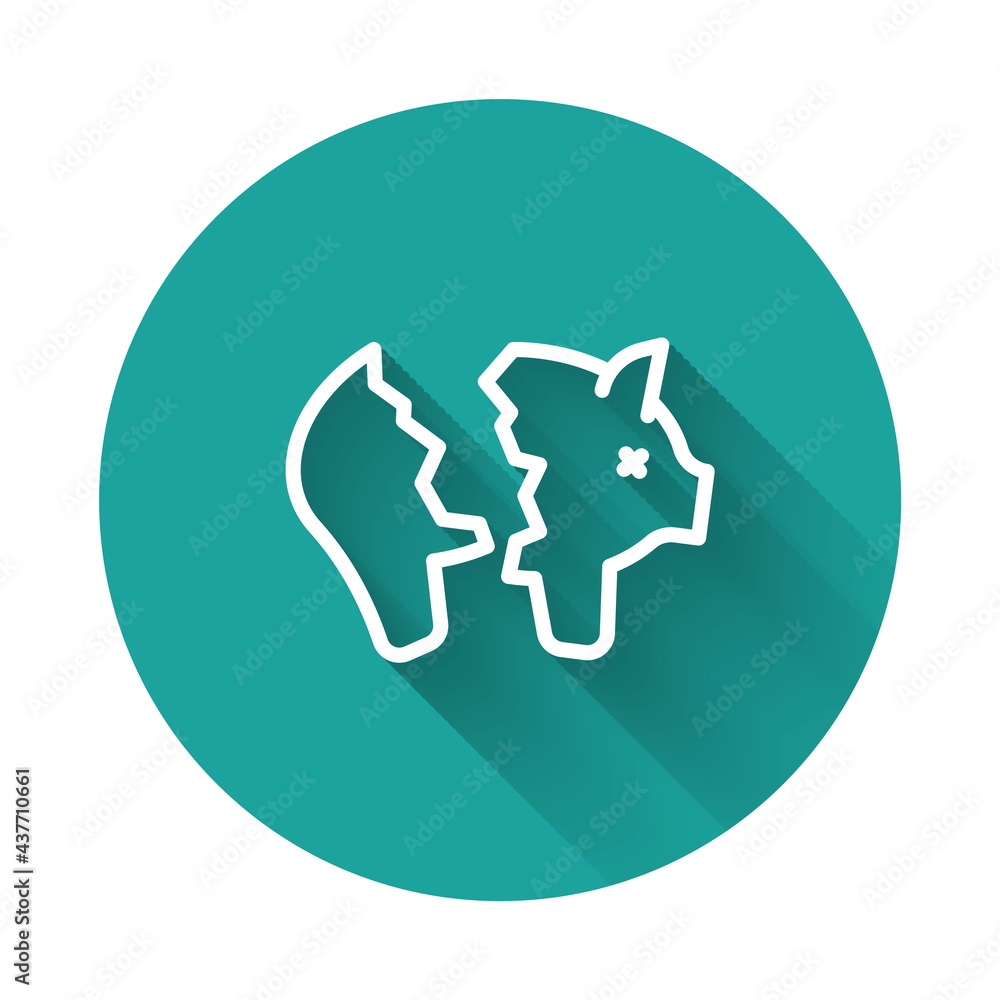 White line Broken piggy bank icon isolated with long shadow background. Icon saving or accumulation of money, investment. Green circle button. Vector White line Broken piggy bank icon isolated with long shadow background. Icon saving or accumulation of money, investment. Green circle button. Vector