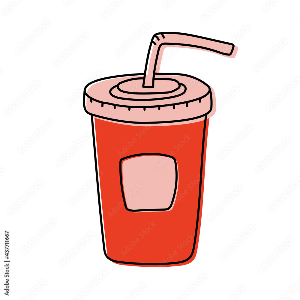 Cup of soda drink. Fast food sketch. Cartoon color illustration. Vector hand drawn icon for restaurant menu Cup of soda drink. Fast food sketch. Cartoon color illustration. Vector hand drawn icon for restaurant menu