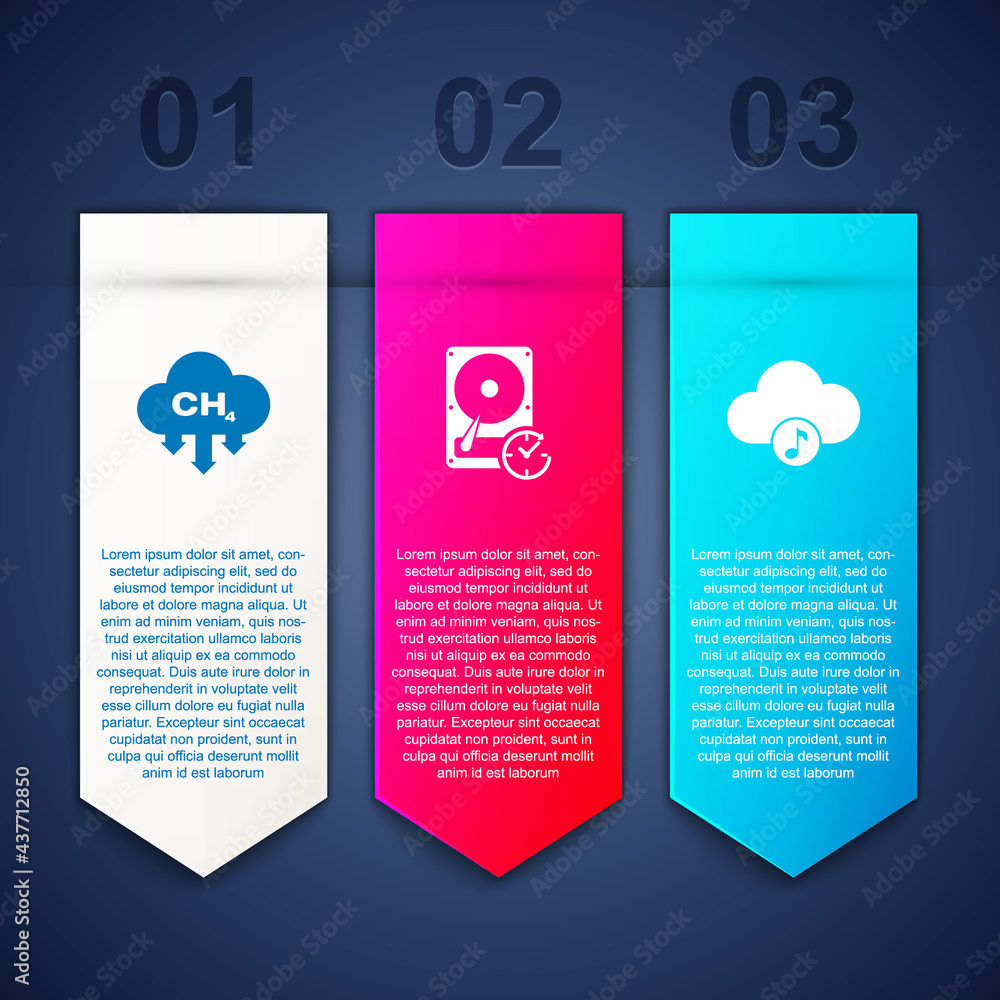 Set Methane emissions reduction, Hard disk drive with clockwise and Music streaming service. Business infographic template. Vector Set Methane emissions reduction, Hard disk drive with clockwise and Music streaming service. Business infographic template. Vector
