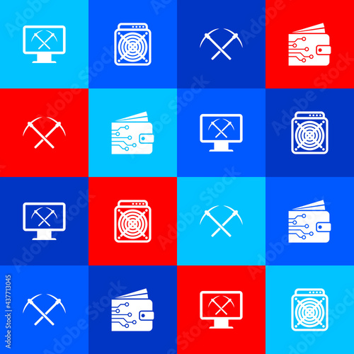 Set Mining with monitor and pickaxe, ASIC Miner, Crossed and Cryptocurrency wallet icon. Vector