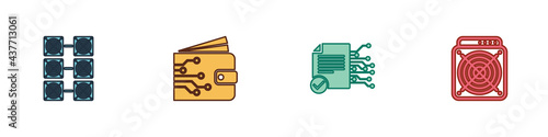 Set Mining farm, Cryptocurrency wallet, Smart contract and ASIC Miner icon. Vector