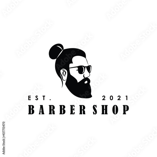hipster man bun silhouette with beard wearing sun glasses barbershop logo design vector