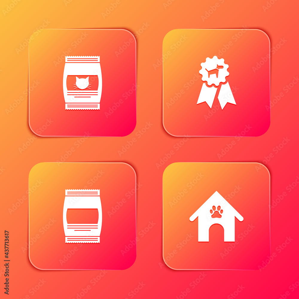 Set Bag of food for cat, Dog award symbol, and house and paw print pet icon. Vector Set Bag of food for cat, Dog award symbol, and house and paw print pet icon. Vector