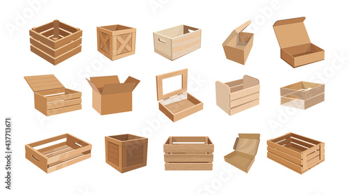 Set of Wood and Carton Boxes, Parcels for Goods Packaging Isolated Pallets and Empty Containers. Wood Drawers and Crates