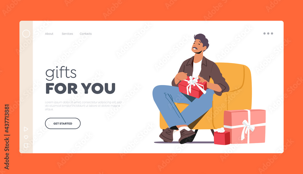 Family Event Celebration, Dad Birthday Landing Page Template. Happy Father Sitting on Armchair with Gift Box in Hands