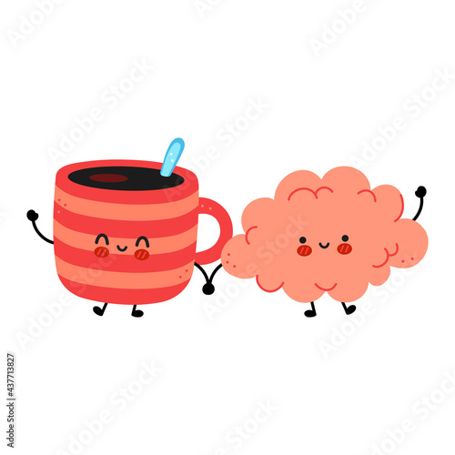 Cute funny coffee mug and brain. Vector hand drawn cartoon kawaii character illustration icon. Isolated on white background. Coffee or tea cup, mug, brain organ character concept