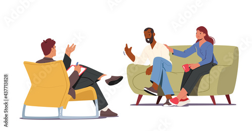 Group Therapy, Psychotherapeutic Meeting, Psychological Aid. Male and Female Characters Sit on Sofa Talking to Doctor