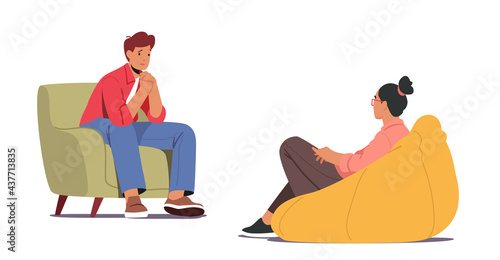 Depressed Man Sitting on Couch at Psychologist Appointment for Professional Help. Doctor Specialist Talking with Patient