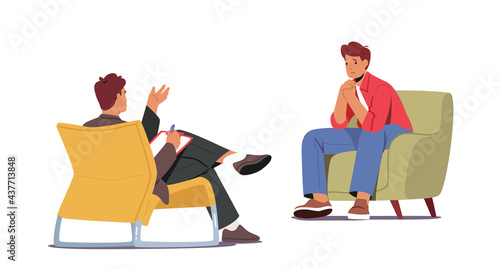Psychiatrist Session in Mental Health Clinic. Patient Character with Depression in Psychologist Practitioner Office