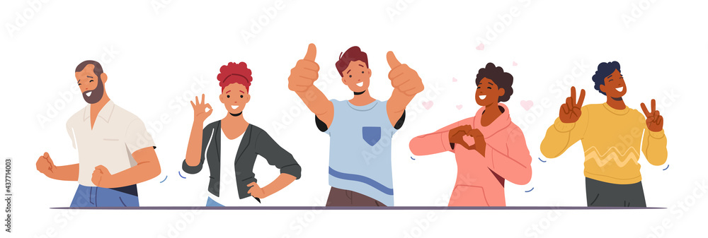 Happiness Emotions, Body Language. People Showing Positive Gestures. Happy Male and Female Characters Gesturing - obrazy, fototapety, plakaty 