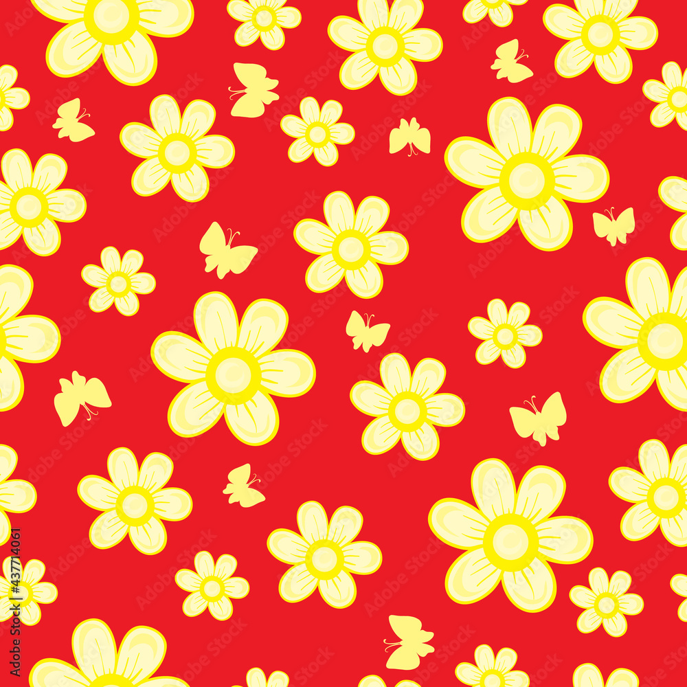pattern of yellow flowers and butterflies on a red background, vector illustration, pattern of yellow flowers and butterflies on a red background, vector illustration,