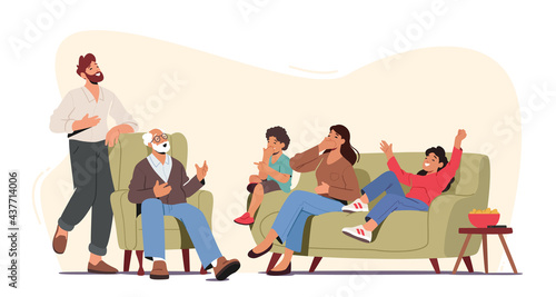 Happy Family Characters Laughing. Father, Mother, Grandfather and Children Telling Funny Stories, Spending Time Together