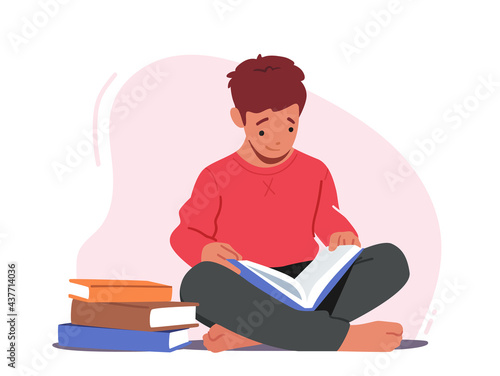Little Boy Reading Book, Kid Character Studying, Visiting College or Preschool Learning Classes. School Child in Library