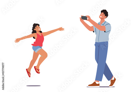 Father Photographer with Photo Camera Make Picture of Daughter for Family Album. Creative Hobby, Family Traveling