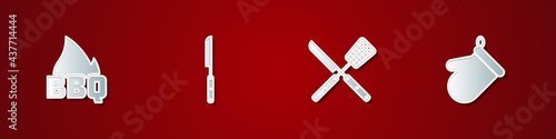 Set Barbecue fire flame, knife, Crossed and spatula and Oven glove icon. Vector