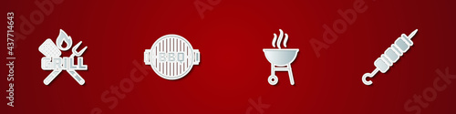 Set Crossed fork and spatula, Barbecue grill, and Grilled shish kebab icon. Vector