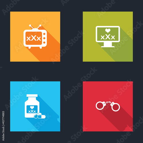 Set Sex tv old television, Monitor with 18 plus content, Bottle pills for potency and Handcuffs icon. Vector