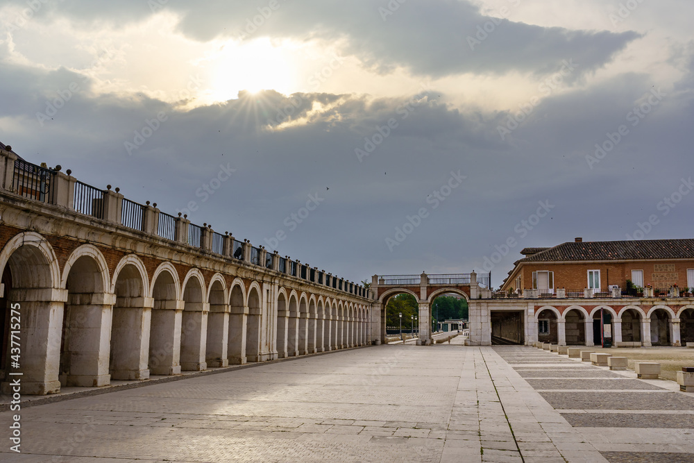 Sunrise through the clouds at the Royal Palace of Aranjuez in Madrid.