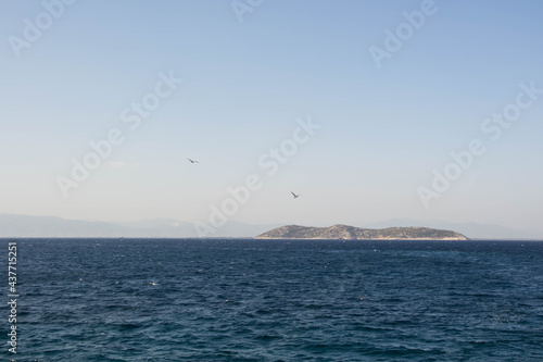 Small distant land in the ocean, beautiful blue ocean and blue sky. Tranquil calm water, travel destination, summer landscape, birds flying © Len0r