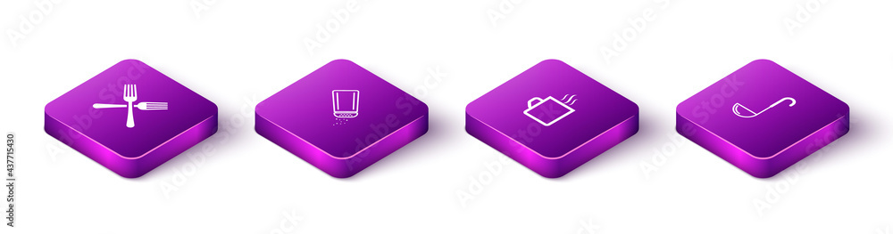Set Isometric Crossed fork, Salt and pepper, Coffee cup and Kitchen ladle icon. Vector Set Isometric Crossed fork, Salt and pepper, Coffee cup and Kitchen ladle icon. Vector