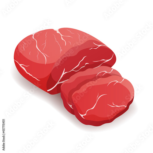 Piece of fresh raw horse meat sliced isolated on white background, vector.