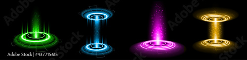 Color hologram portal. Magic fantasy portal. Magic circle teleport podium with hologram effect. Vector glow rays with sparks on clark ackground.