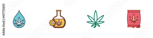 Set Marijuana or cannabis leaf oil, Test tube with marijuana, and seeds icon. Vector