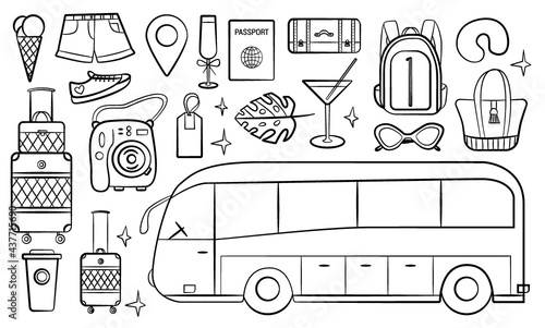 Road bus trip. Set of doodle travel design elements. Hand drawn road trip doodles perfect for vacation and travel flyers and posters.