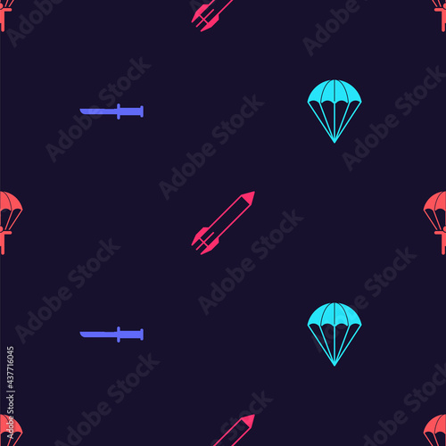 Set Parachute, Military knife, Rocket and on seamless pattern. Vector